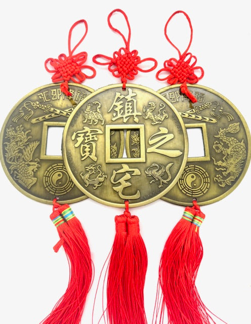 Feng Shui Coin Wall Hanging Dragon &amp; Phoenix with Red Tassel - Set of 3