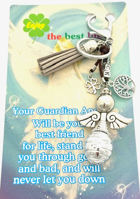 Grijse "LUCK" Angel Sleutelhanger met Tassel