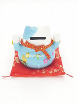 Lucky Cat Money Box on Pillow with 2 Bells (Blue)