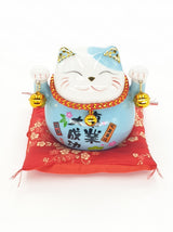 Lucky Cat Money Box on Pillow with 2 Bells (Blue)