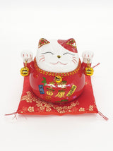 Lucky Cat Money Box on Cushion with 2 Bells (Red)