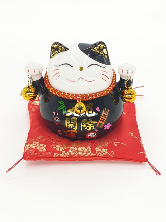 Lucky Cat Money Box on Cushion with 2 Bells (Black)