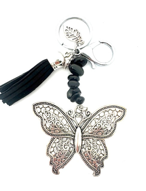 Wholesale Butterfly Keychain with Onyx Stones &amp; Black Tassel