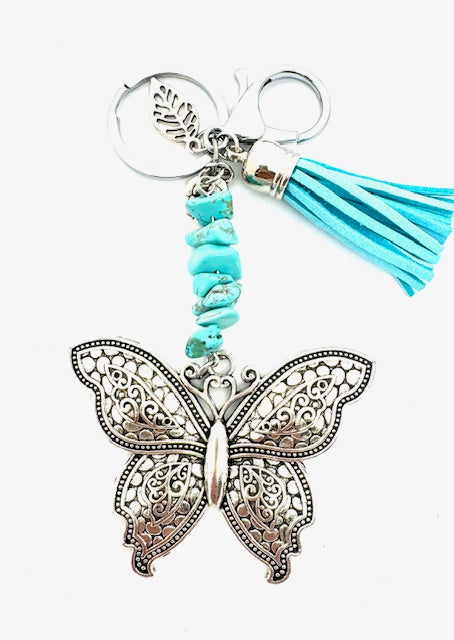 Wholesale Butterfly Keychain with Turquoise Stones &amp; Turqouise Tassel