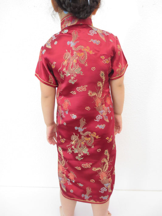 Girls Dress dragon phoenix dark red