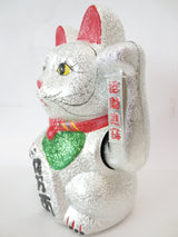 Lucky Glitter Cat Silver with Moveable Arm (Large)