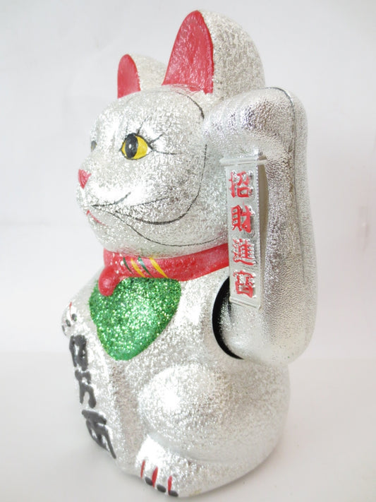 Lucky Glitter Cat Silver with Moveable Arm (Large)