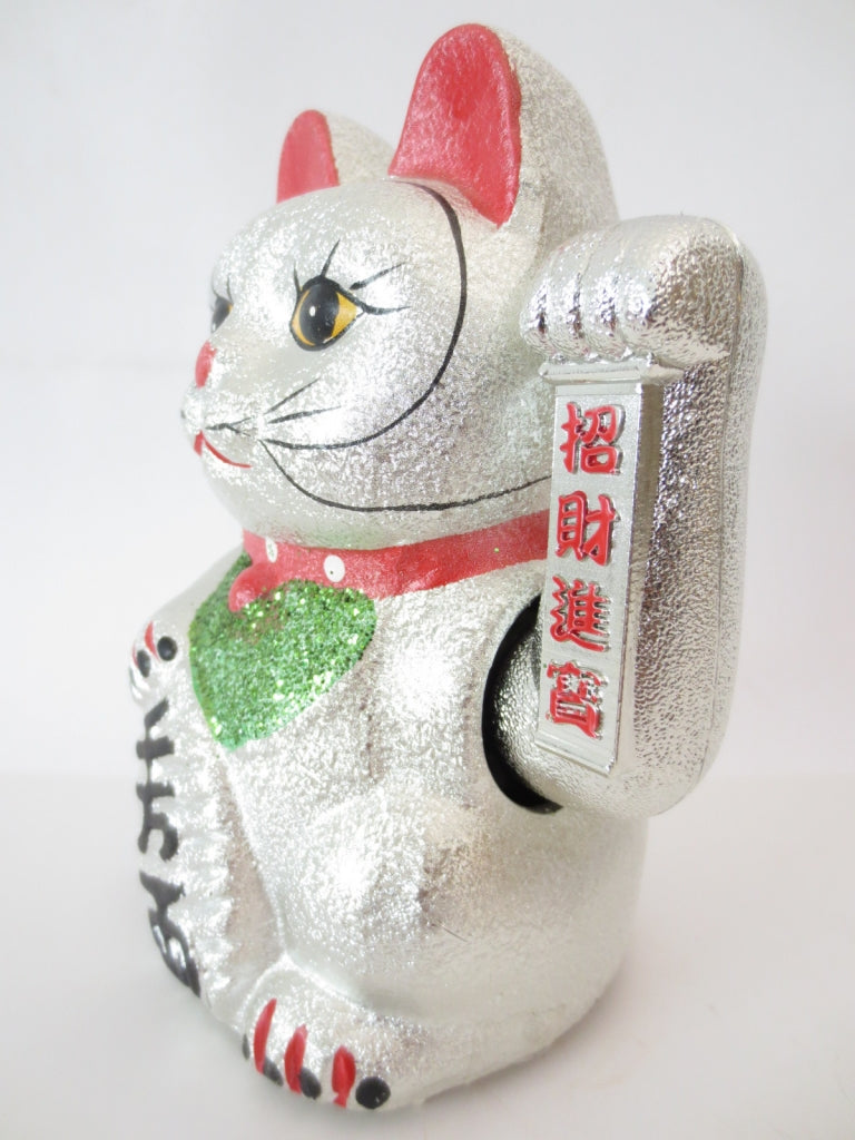 Lucky Glitter Cat Silver with Moveable Arm (Small)
