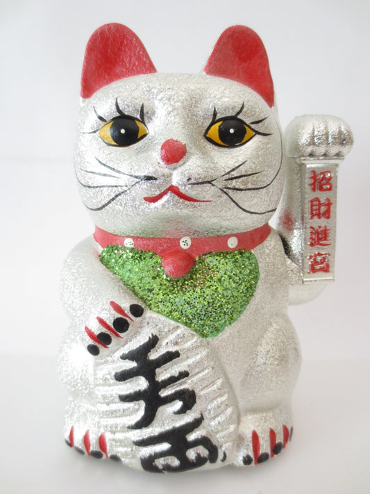 Lucky Glitter Cat Silver with Moveable Arm (Small)