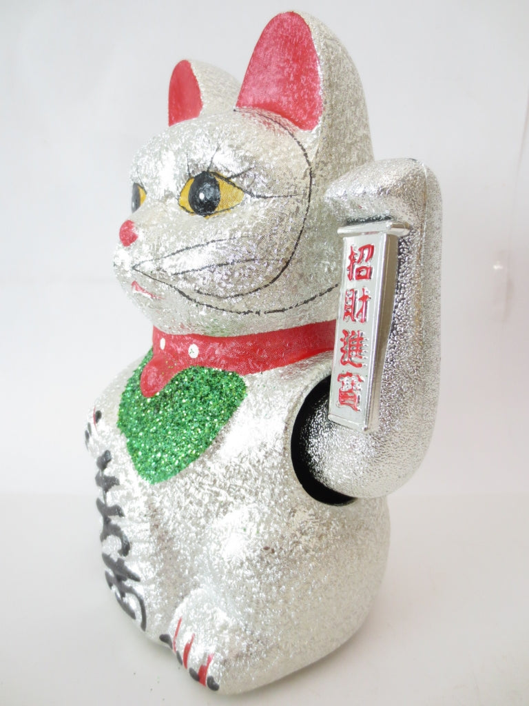 Lucky Glitter Cat Silver with Moveable Arm (Medium)