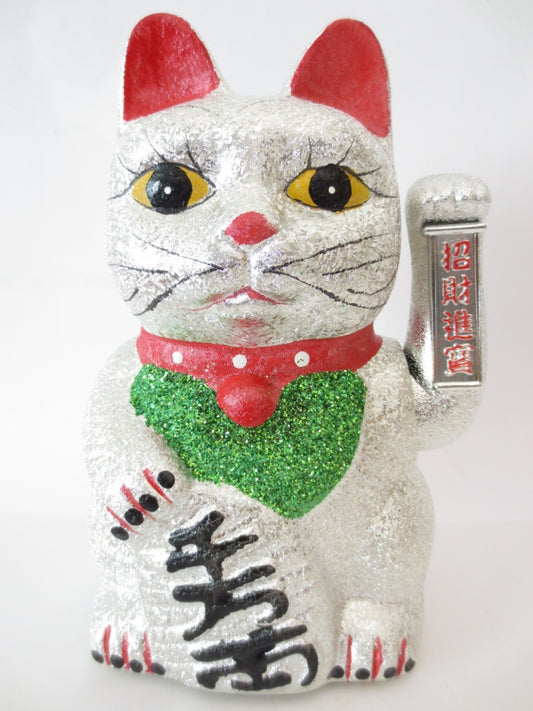 Lucky Glitter Cat Silver with Moveable Arm (Medium)