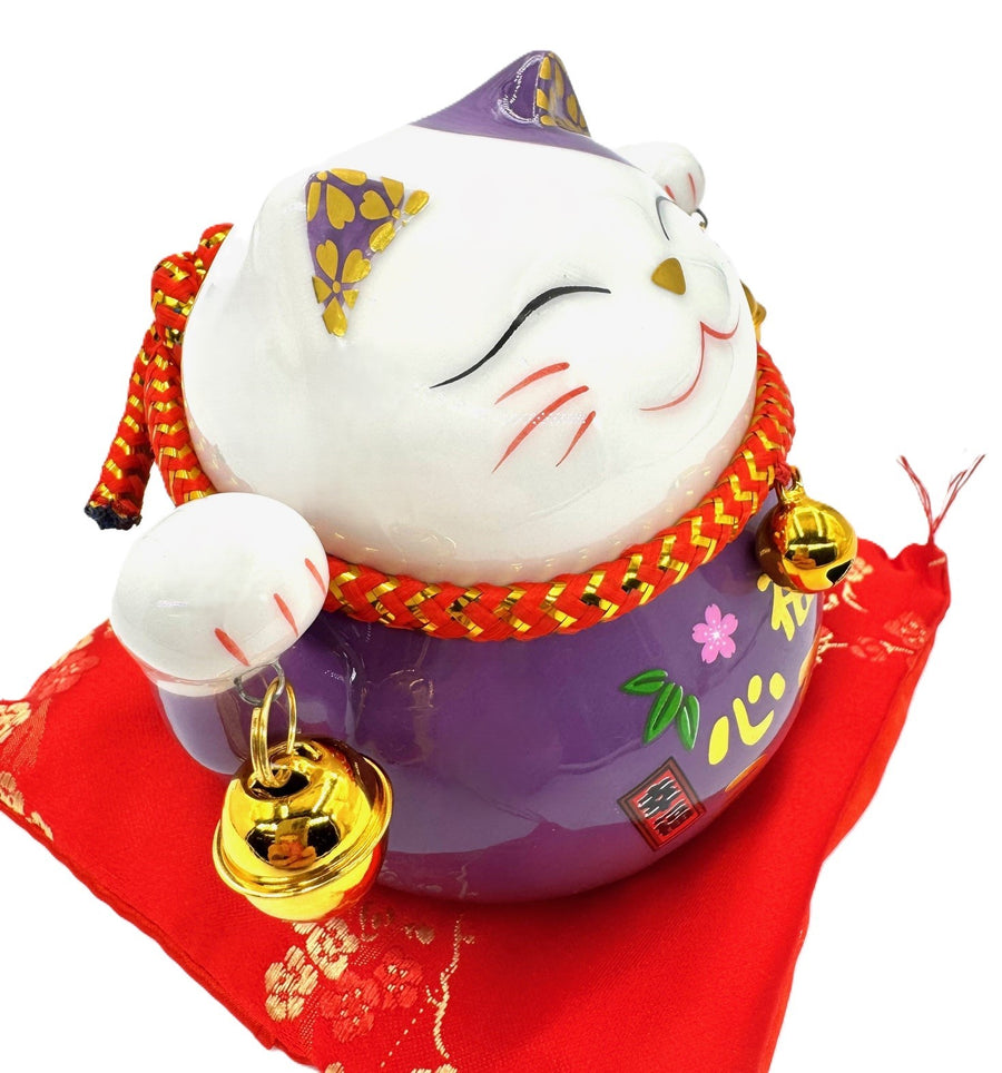 Lucky Cat Money Box on Cushion with 2 Bells (Purple)