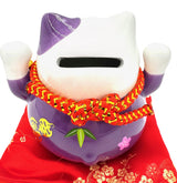 Lucky Cat Money Box on Cushion with 2 Bells (Purple)