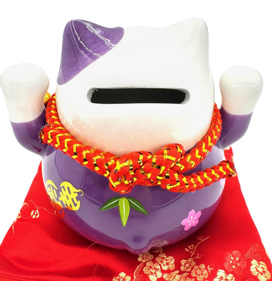 Lucky Cat Money Box on Cushion with 2 Bells (Purple)
