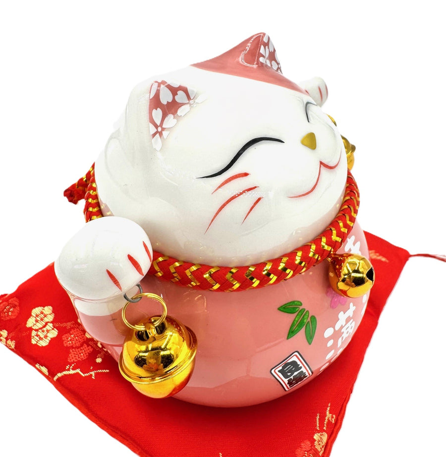 Lucky Cat Money Box on Cushion with 2 Bells (Pink)
