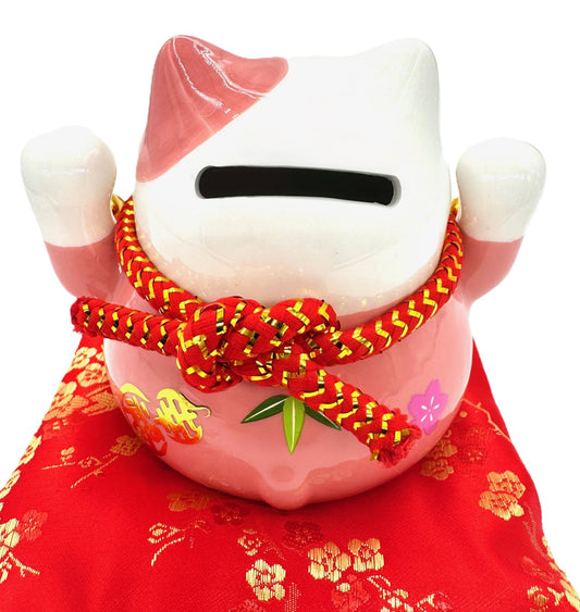 Lucky Cat Money Box on Cushion with 2 Bells (Pink)
