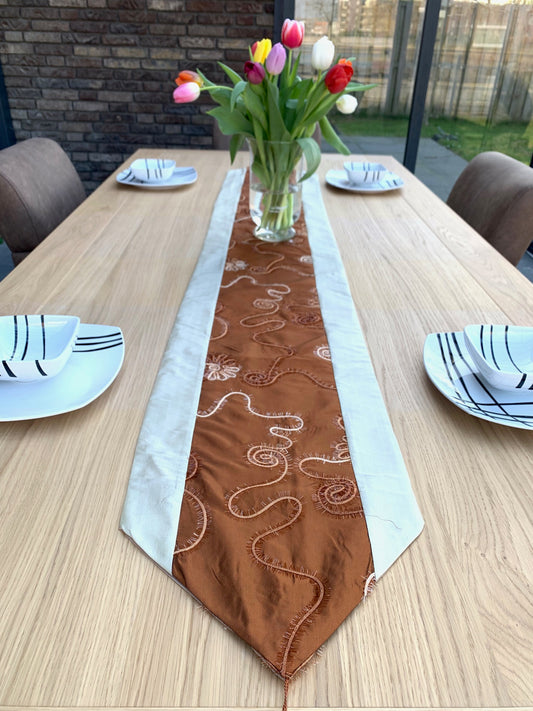 Elegant Embroidered Table Runner – Brown and Silver Decorative Table Cloth