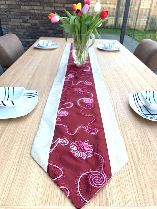 Elegant Embroidered Table Runner – Burgundy and Silver Decorative Table Cloth