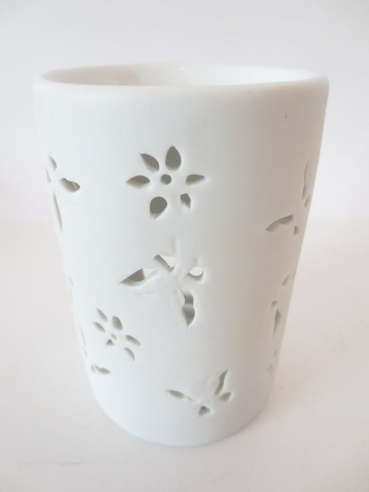 Keramische oliebrander bloemen en vlinders wit