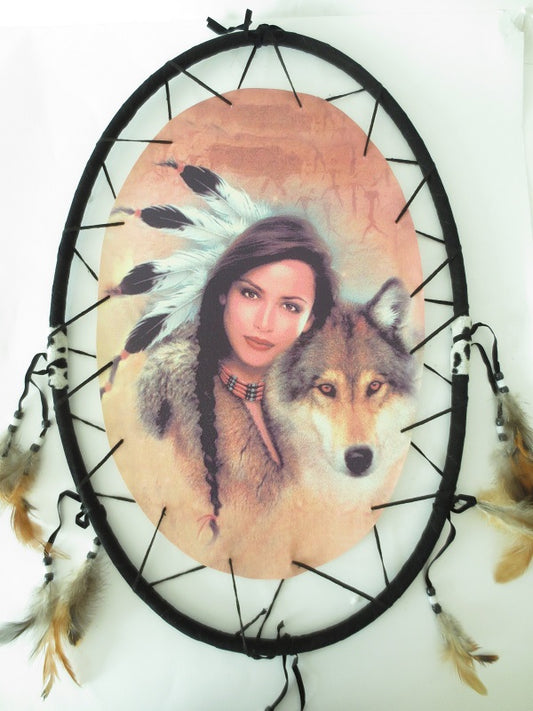 Oval Dreamcatcher Indian Woman with Wolf
