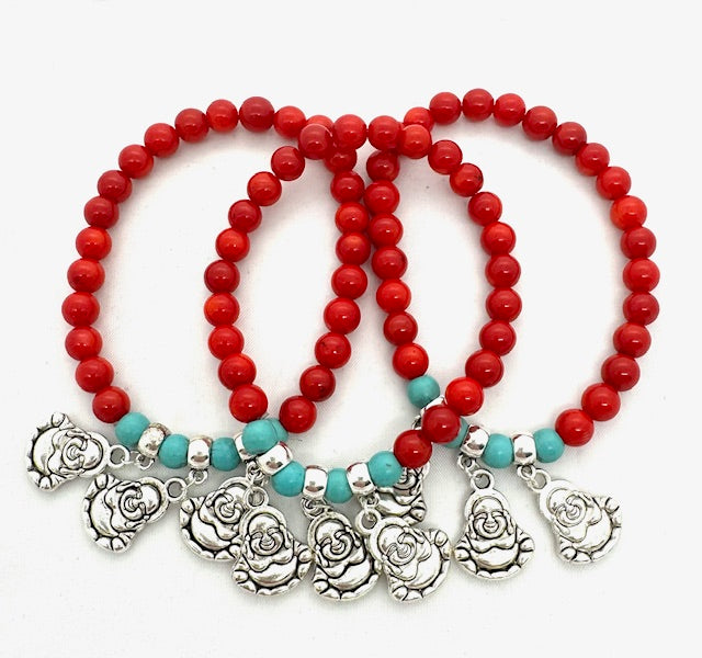 Red Coral Beaded Bracelet with 3 Happy Buddha Charm