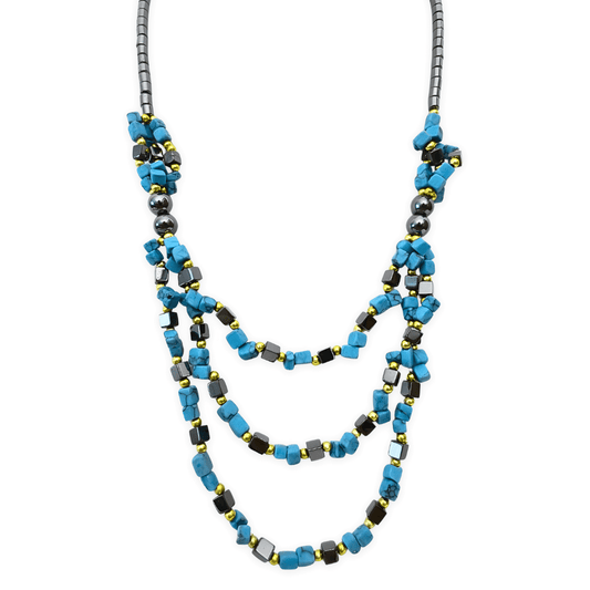 stenen en hematietketting Turquoise 3 lagen