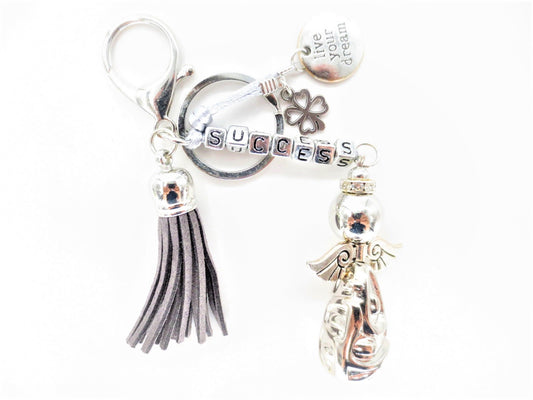 Gray "SUCCESS" Angel Keychain with Tassel