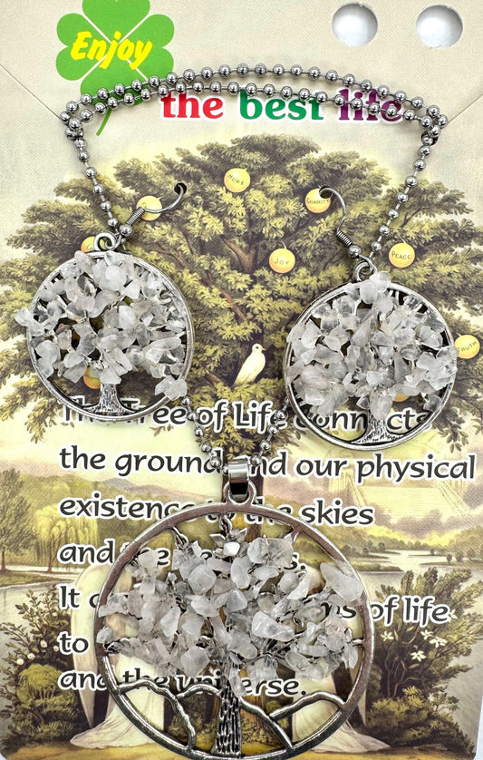 Tree of Life Ketting + Oorbel set - Rozenkwarts