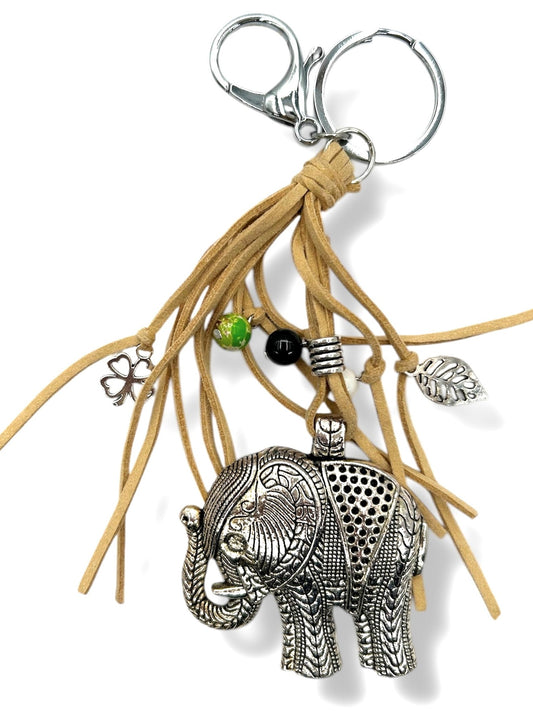 Groothandel Metalen Olifant Sleutelhanger met Lichte Bruine Kwastjes